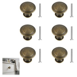 Antique Brass Cabinet Knobs 6 Pcs, Vintage Drawer Handles Copper Round Cupboard Knobs 30mm Antique Style Kitchen Cupboard Handles Zinc Alloy Wardrobe Door Knobs with Screws for Cupboards Drawe