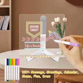 CAPOT Acrylic Dry Erase Board with Light 7.9 X 7.9” Light up Dry Erase Board with Stand as a Glow Memo LED Letter Message Board led Note Board White Board with 7 Color Pen for Office School Home