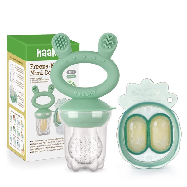 Haakaa Baby Fruit Food Feeder & Mini Freezer Nibble Tray Combo, Breastmilk Popsicle Molds for Cooling Relief, BPA Free Silicone Feeder for Safe Infant Self Feeding, 4 Month+ (Pea Green)