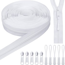 Juexica 10 Yards #5 Zipper Nylon Coil Zipper, Nylon Long Zipper Tape with 30 Pieces Sliders 30 Zipper Pulls Extension Fixers for DIY Sewing Crafts Bag Making(White)