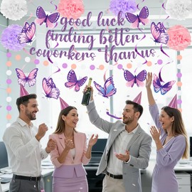14pcs Going Away Party Decorations, Good Luck Finding Better Coworkers Than Us Banner Hanging Swirls Garland Pompoms We Will Miss You Decorations for Farewell Goodbye Party Coworker Leaving - purple