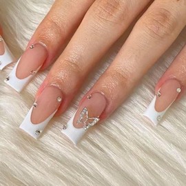 BABALAL Medium Square Press on Nails - White French Tip 3D Butterfly Rhinestone Design Acrylic Glue on Nails for Women and Girls 24 Pieces