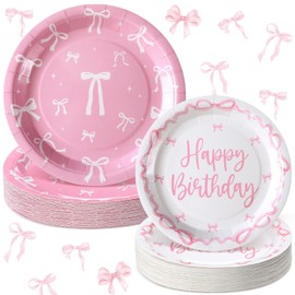Pickmesh 72 Pcs Pink Bow Party Plates Coquette Bow Birthday Party Supplies 7" 9" Pink Bow Theme Party Decorations Disposable Pink Bow Dessert Plates for Baby Shower Coquette Birthday Party Serve 36
