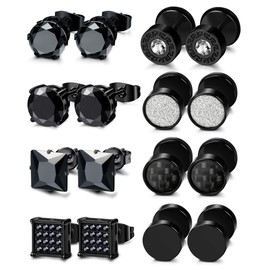 ORAZIO 8 Pairs Stainless Steel Black CZ Stud Earrings Set for Men Women Silver Cubic Zirconia Barbell Earrings（Black）