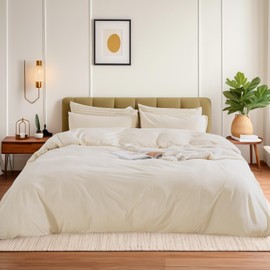 NEXHOME PRO Cotton Duvet Cover Oversized Queen 98"x98" Linen Look Textured Organic Natural 100% Washed Cotton Duvet Cover 3 Pieces Bedding Set Zipper Closure, Breathable (No Comforter)