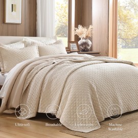 Grassix 100% Linen Front/100% Cotton Back Quilt Set King Size, Pre-Washed Lightweight Diamond Stitch Bedspread Coverlet Bedding Set for All Season, 3 Pieces, Nature Linen