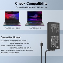 20V 14A 280W Laptop Charger for Asus ROG Strix G16 G18 2025 G615LW G615LP G615LR G815LR G815LP TUF Gaming F16 FX608LP FX608JPR RTX 5070 5080 Power Cord a22-280p1b