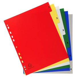 Exacompta - Ref 2506E - PP Printed Indices - For Use With A4+ Documents, 0.1mm Polypropylene, Pre-Punched, Soft & Tear Resistant - 6 Divider Parts (1-6) - White With Coloured Tabs