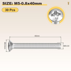 METALLIXITY Phillips Cross Recessed Countersunk Head Screws Bolts (M5-0.8x40) 30Pcs, 304 Stainless Steel Flat Head Woodworking Machine Screws - for Furniture Assembly DIY Projects, Silver