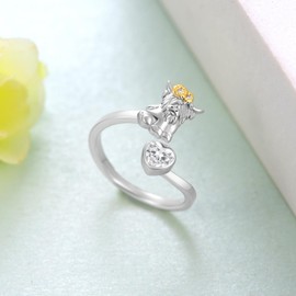 Highland Cow Ring 925 Sterling Silver Adjustable Cow Ring Highland Cow Jewelry Gifts for Women, Sterling Silver, Cubic Zirconia