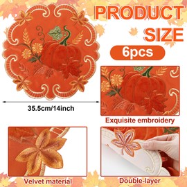 HunnmingRe 6 Pcs Thanksgiving Embroidered Pumpkin Velvet Placemats 14 Inch Autumn Harvest Table Mats Set Fall Double Layer Xmas Placemats for Holiday Party Home Dinning Kitchen Decorations