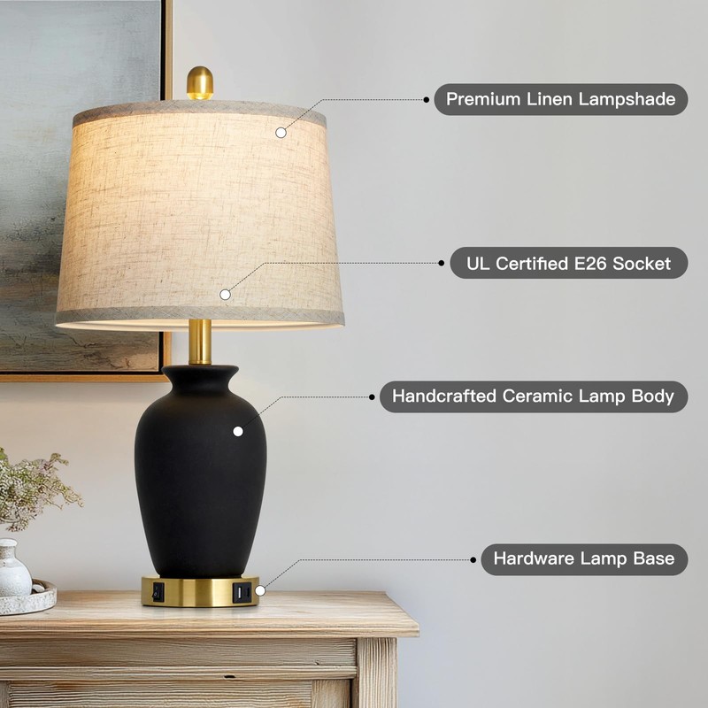 Cinkeda 23" Set of 2 Black Ceramic Farmhouse Table Lamp