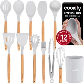 Cookify Juego de Utensilios de Cocina Silicona y Madera 12 Piezas Gris