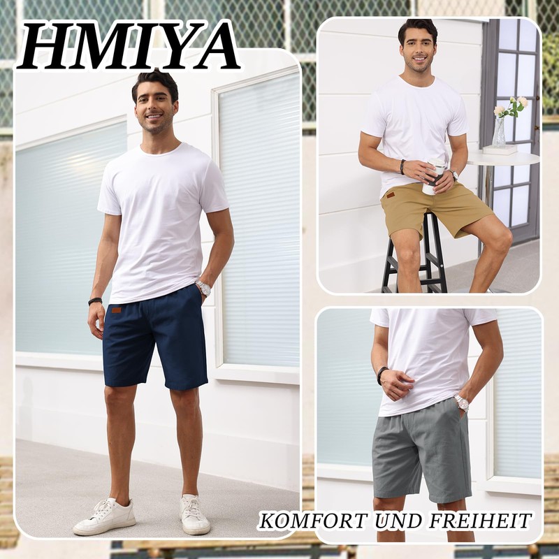 Hmiya Men's Summer Chino Shorts, Cotton, Elastic Waist with Pockets,