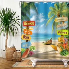 DASHAN Tropical Beach Shower Curtains for Bathroom Coastal Summer Shower Curtains for Bathroom Hawaiian Palm Tree Bathroom Curtain Ocean Nautical Waterproof Cloth Shower Curtain 72"x72"