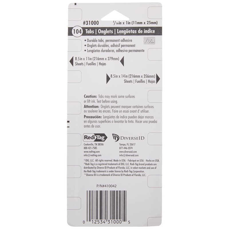 Redi-Tag, RTG31000, Permanent Stick Write-On Index Tabs, 104 / Pack