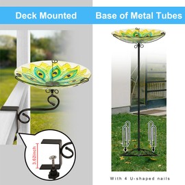 OUISJYER Deck Mounted Glass Bird Baths for Outdoors,Dual-Purpose 10 Inch Balcony Bird Bath Bowl for Outside with 4 U-Shaped Nails Garden Patio Yard Decor (Green Peacock)