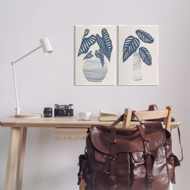 Stupell Industries Neat Potted Plant Leaves Minimal Striped Vases 2pc set Wood Wall Art, Design by Daniela Santiago