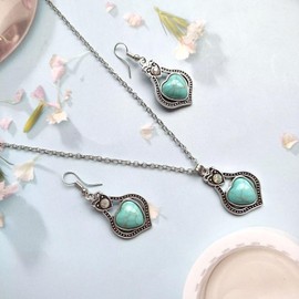 Dishowme Turquoise Necklace Earrings Set Bohemian Gemstone Flower Pendant Necklace 3Pcs Vintage Geometric Water Drop Western Costume Dangle Jewelry for Women Girls (Blue B)