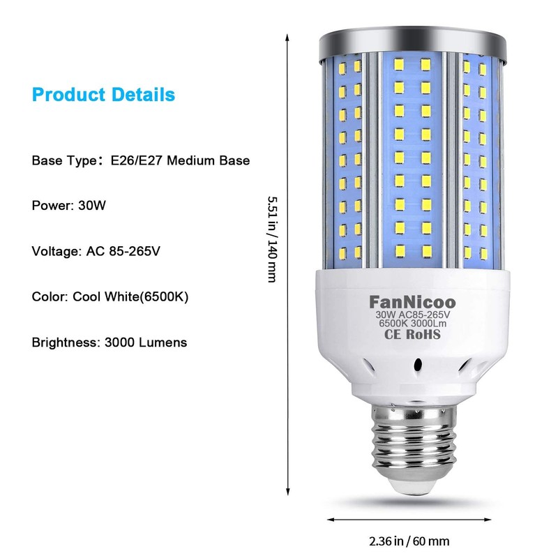 2-Pack 200W Equivalent LED Corn Light Bulb 3000 Lumen 6500K