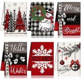 FuWeave 6 Pcs Christmas Kitchen Towels Dish Towel Red Black Buffalo Plaid Snowman Xmas Tree Decorative Winter Bathroom Hand Towel Absorbent Holiday Tea Towel Christmas Decor for Kitchen Farmhouse Gift