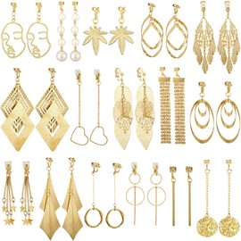 16 Pairs Drop Dangle Earrings Set Bohemian Tassel Pendant Clip Earrings Gold Plated Non-Piercing for Women (Chic Style)