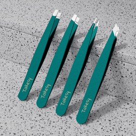Upgraded Sharp Precision Tweezers for Facial Hair & Chin Hair, Slanted Design for Women & Men Eyebrow Plucker, Great with Travel Mirror Case (Green)