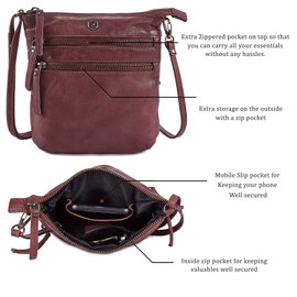 Cochoa Small Triple Zip Real Leather Women's Crossbody- Premium Vintage Crossover Shoulder Sling Bag (Burgundy)