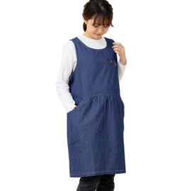 Yurakuan Women's Denim Apron, Long, Dress Style, With Pockets, G navy stripe, Free size