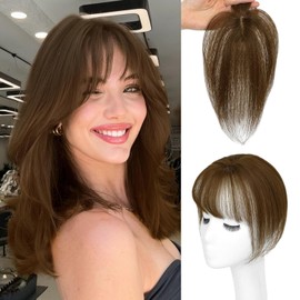 Hair Toppers for Women Real Human Hair-360°3D Topper with Bangs for Thinning Hair Clip in Bangs with Upgraded Silk Base Perfect for Daily Wear(5×10, Medium Brown)