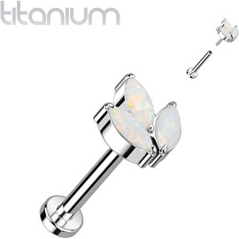 Covet Jewelry Titanium Threadless Push in Labret, Flat Back Stud with 3-Marquise CZ or Opal Set Sprout Top (Steel/Opal White)
