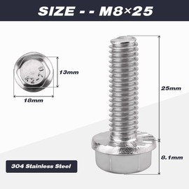 M8-1.25 x 25mm (10 pcs) Flanged Hex Bolts, 304 Stainless Steel 18/8, Large Washer Head Automotive Screws for Car Parts & Machinery Replacement