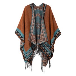 Urban CoCo Women's Printed Tassel Open front Poncho Cape Cardigan Wrap Shawl (Orange-series 5)