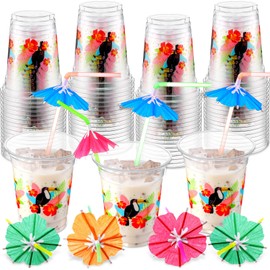 Lallisa 100 Pack Hawaiian Disposable Plastic Cups 12 oz Tropical Party Cups with Parasol Straws Clear Disposable Drinkware Drinking Glasses Cups for Summer Theme Party