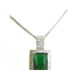 Sterling 925 Silver Large Modern Designer Emerald Cut Stone Set Pendant & 16" Sterling Silver Chain Necklace