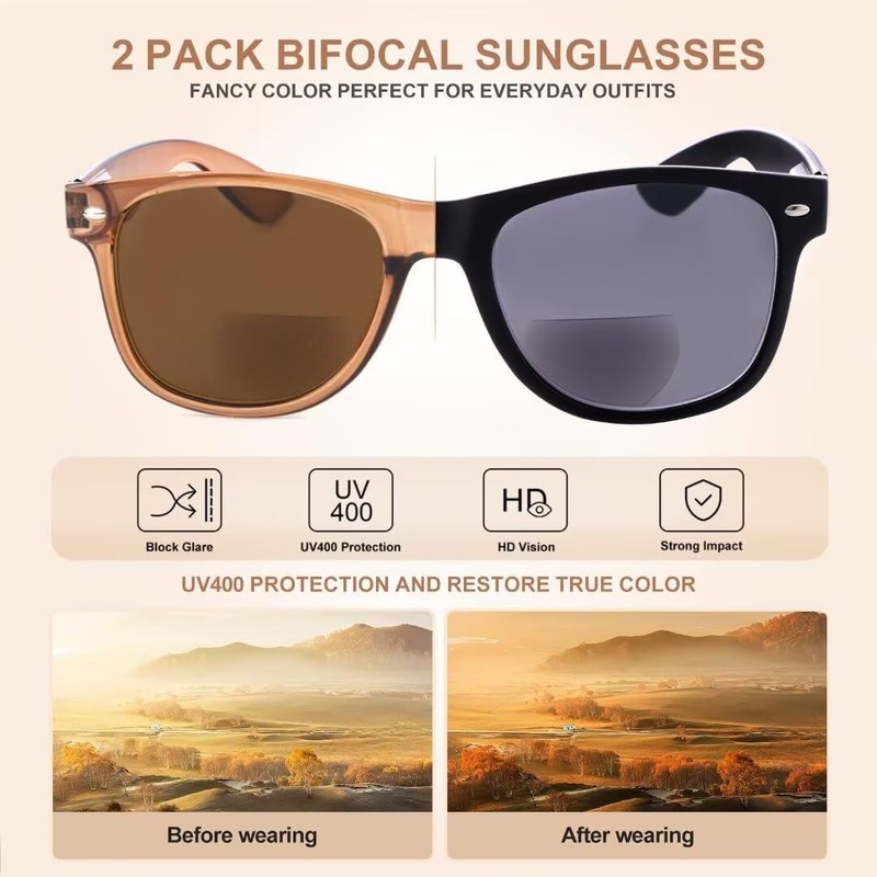 OuShiun 2 Pack Bifocal Reading Sunglasses for Women, Classic Retro