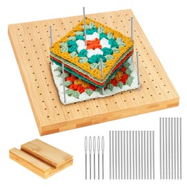Granny Squares Blocking Board, 20 cm Wooden Spanner with 24 Stainless Steel Rod Pins in 2 Sizes (10 cm/15 cm) and 5 Needles, Handcrafted Peg Crochet Blocking Board for Granny Square Crochet Board