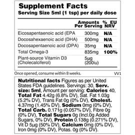 Vegetology Vegan Omega 3 Liquid, from Microalgae, 800mg of EPA DHA, with Vitamin D3, Supports Heart, Brain and Eye Health, Natural Fish Oil Alternative, UK Made, Unflavoured