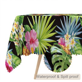 TTQYFNM 54x108inches Hawaiian Tablecloth Summer Tropical Flowers Palm Leaves Pineapple Black Table Cloth Washable Spill Proof Rectangle Table Cover for Home Kitchen Dining Room Themed Party Supplies