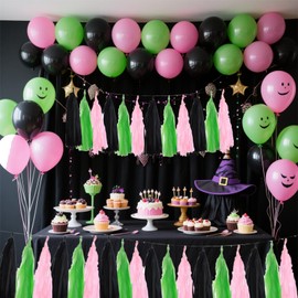 Black Pink and Green Tissue Paper Tassels Party Tassel Garland Banner for Green Pink Party Decorations, DIY Kits,15PCS