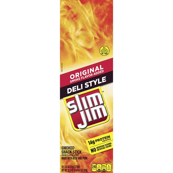 Slim Jim Deli Stick Original, Packed with Protein, 1.8-Ounce, 18 Count