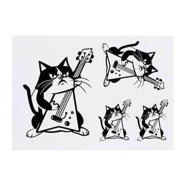 4 x 'Mad Cat Playing Electric Guitar' Temporary Tattoos - Water Resistant, Skin-Safe, Non-Toxic Transfers, Mixed Sizes (TO00076278)