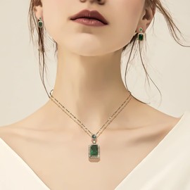 Lonbamu Women Jewelry Set Rhinestone Zircon Emerald Pendant Necklaces & Earrings Set 925 Sterling Silver Created (Green)