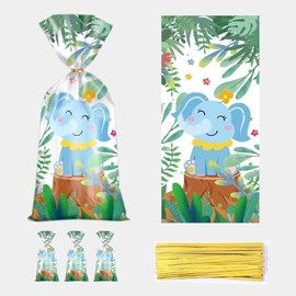 Elephant Baby Shower Treat Bags, 100pcs Baby Boy Girl Gender Reveal Elephant Baby Shower Party Cellophane Plastic Gift Goodie Cookies Candy Bags with Twist Ties for Wedding ,Birthday ,Jungle Zoo Animal Party Supplies