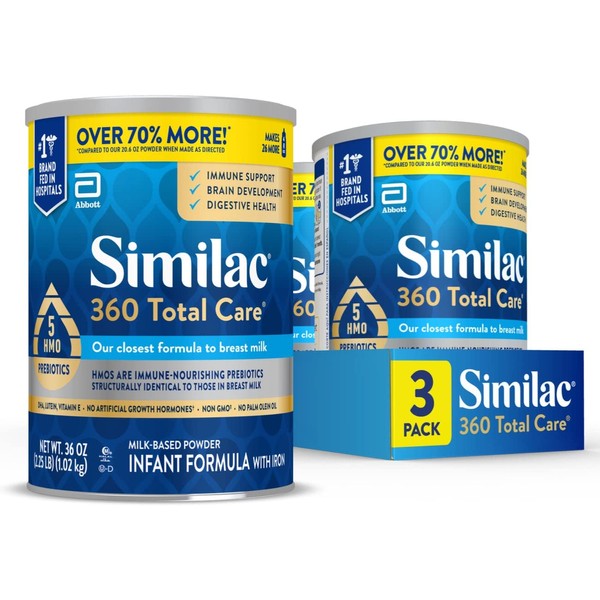 Similac 360 Total Care Infant Formula, with 5 HMO Prebiotics, Our Closest Formula to Breast Milk, Non-GMO, Baby Formula Powder, 36-oz Tub (Case of 3)