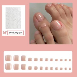 Nude Pink Fake Toe Nails, 24PCS Nude Short Square French False Toenails,Removable Reusable Artificial Nails,Full Cover Acrylic Toe Nail Art Tips for Women (Nude Pink, One Size)