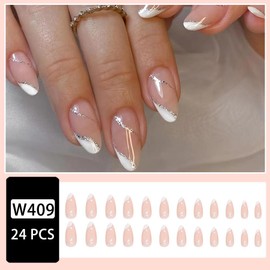 White French Tip Press on Nails Medium Almond Fake Nails Silver Line Glue on Nails Glossy Glitter False Nails with Design Curve Stick on Nails Artificial Acrylic Nails for Women Girls Manicure 24pcs