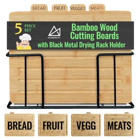 Modernlyst Bamboo Cutting Boards for Kitchen with Holder Stand 13" x 11" Set of 4 | Labeled Tabs | Large Modern Wood Board Set | Organized & Clean Wooden Chopping | Black Metal Rack