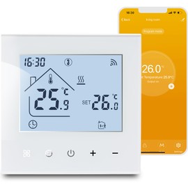 Thermostat Underfloor Heating Smart for Water Heating, WiFi Room Thermostat Underfloor Heating Digital Programmable Compatible with Tuya Alexa and Google Assistant, Touchscreen Digital White 3A