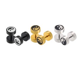 3 Pairs Yin Yang Earrings Gold Silver Black 8mm Pierced Screw Gauges Tunnel Fake Cheater Stud Stainless Steel Earrings for Men Women